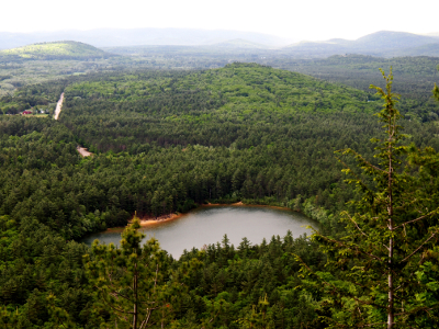 [Heavily treed landscape with a relatively small cirle of water in the middle of the trees.]